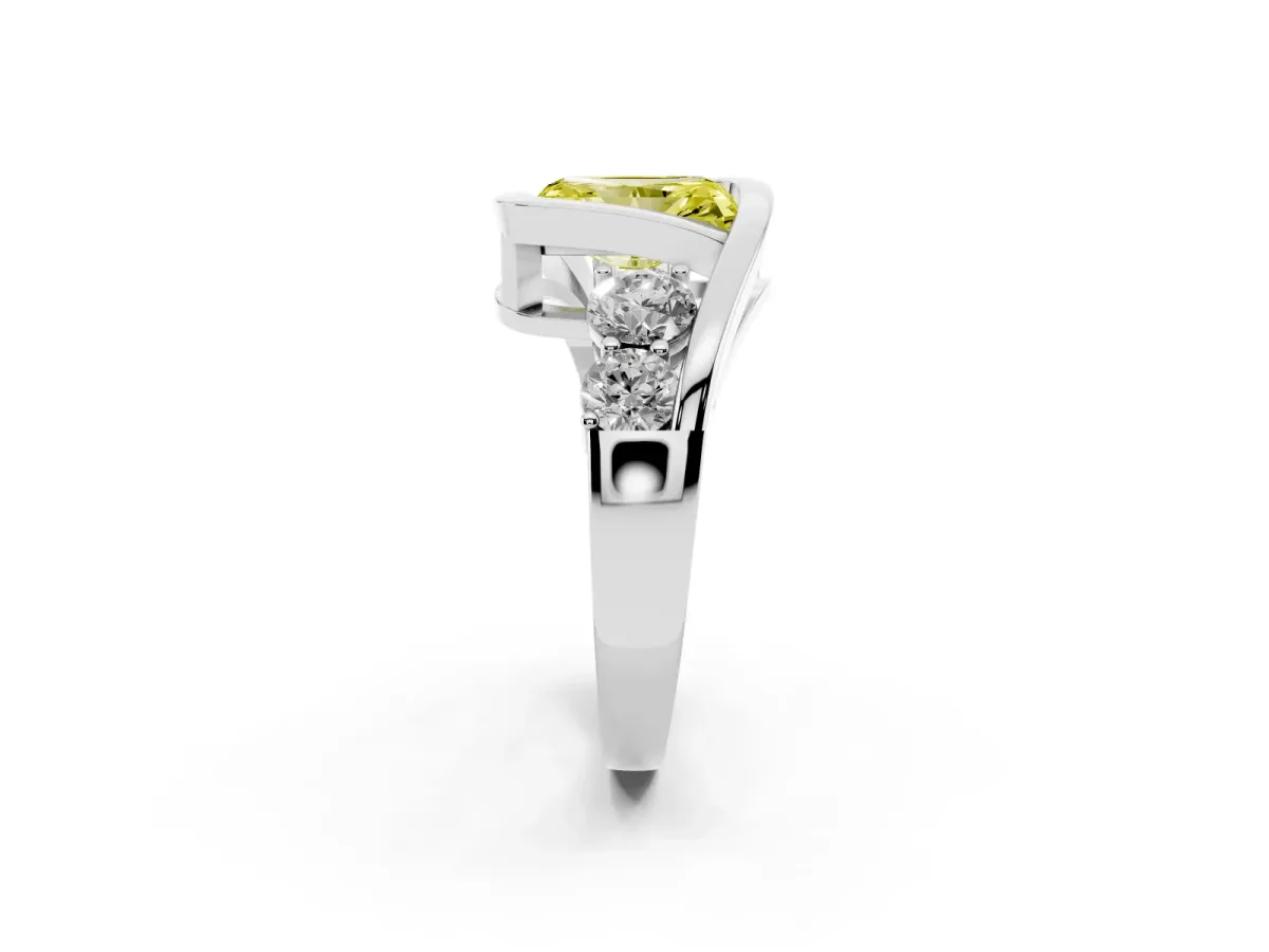 Fancy Yellow Bezel Set Radiant Cut Diamond Bypass Ring with Round Accents Silver
