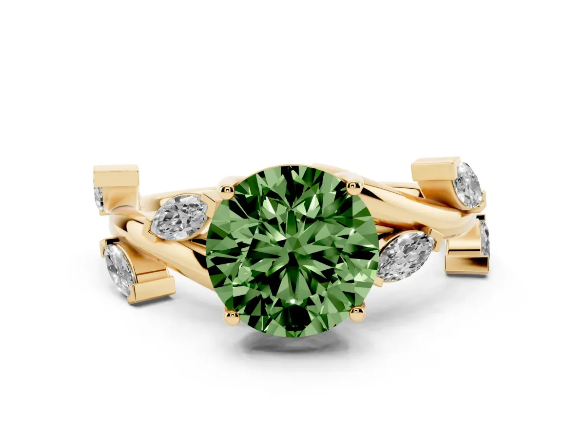 Fancy Green Round Cut Solitaire Twisted Band Marquise Accent Prong Setting Ring Yellow gold