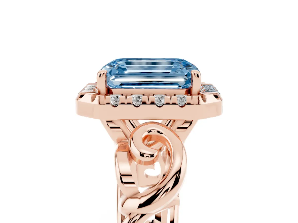Fancy Blue Emerald Cut Cut Halo Diamond Ring with Scrollwork Band and Four-Prong Setting Rose gold