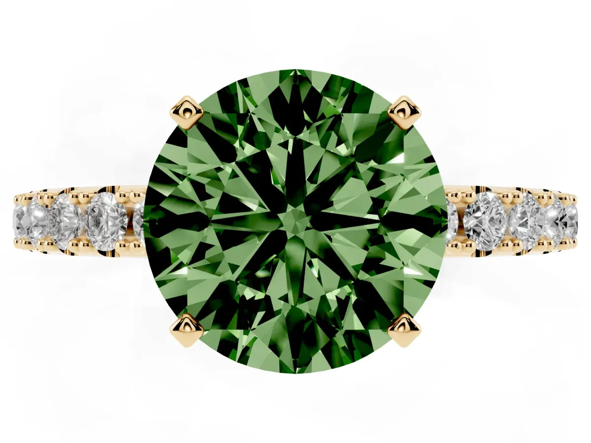 Fancy Green Round Cut Diamond Solitaire Pavé Band with Four-Prong Setting Yellow gold
