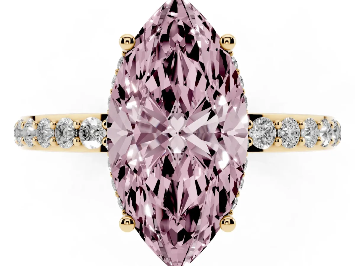Fancy Pink Marquise Cut Diamond Solitaire Ring with Pavé Band and Hidden Halo Yellow gold