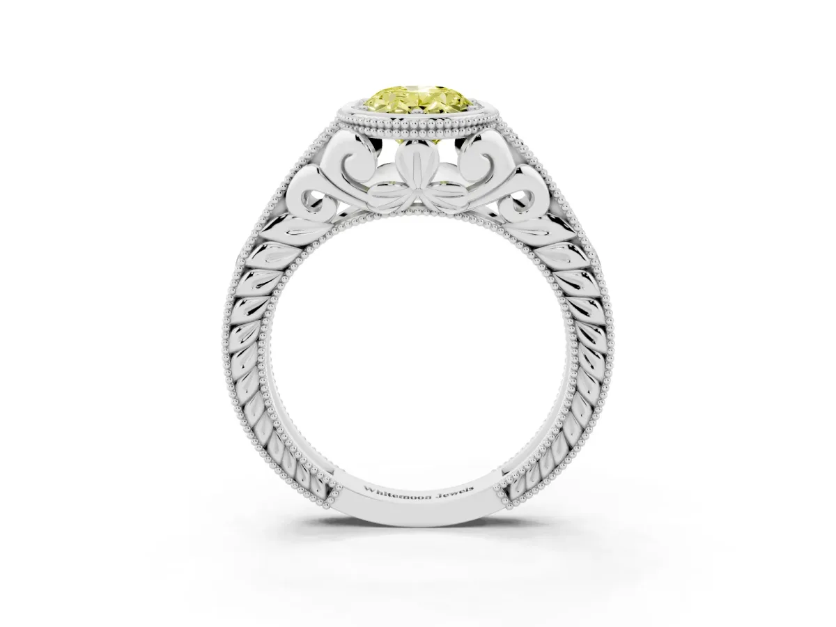 Fancy Yellow Bezel Set Oval Cut Diamond Milgrain Pave Engagement Ring Silver