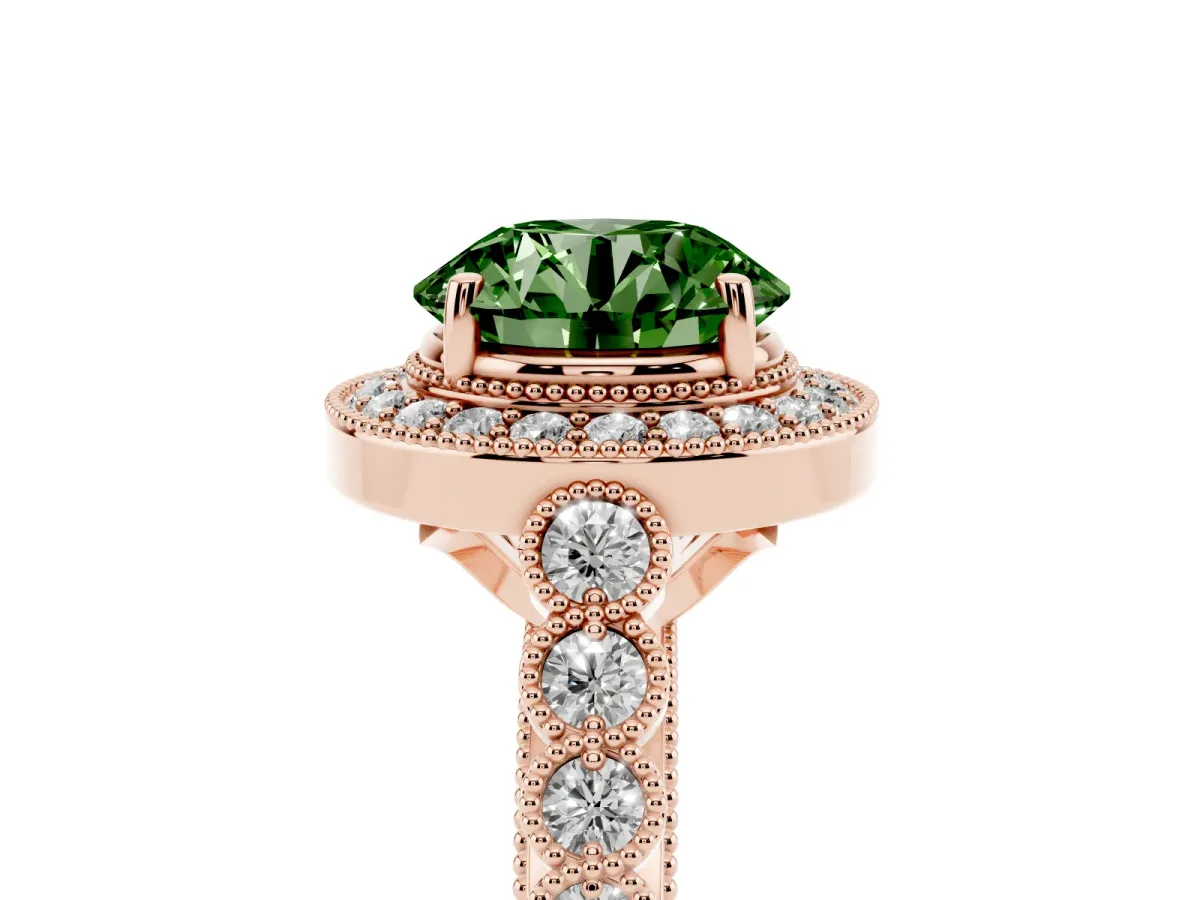 Fancy Green Round Cut Halo Milgrain Solitaire with Bezel Set Side Stones and Pave Band Rose gold