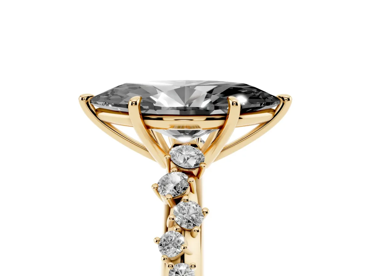 Fancy Black Marquise Cut Diamond Cluster Side Stone Solitaire Ring with Prong Setting Yellow gold