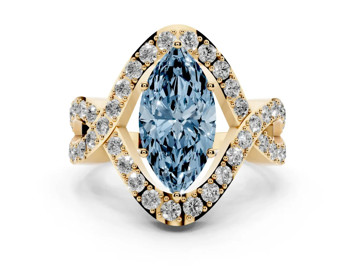 Fancy Blue Marquise Cut Solitaire Twist Band Pavé Diamond Engagement Ring Yellow gold
