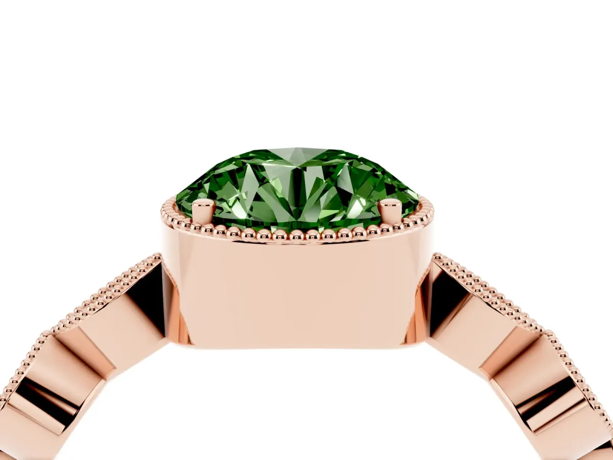 Fancy Green Round Cut Diamond Vintage Milgrain Ring with Round Stations Rose gold