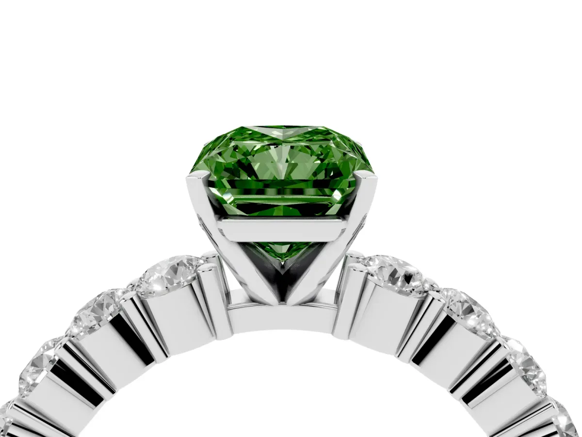 Fancy Green Radiant Cut Diamond Solitaire Ring with Shared Prong Round Side Stones Silver