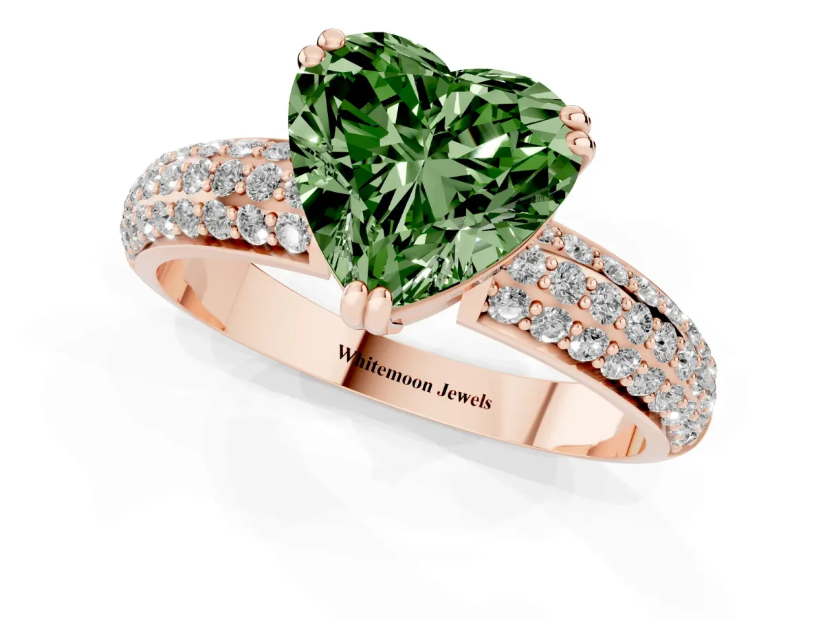 Fancy Green Heart Cut Diamond Solitaire Ring with Multi-Row Round Pavé Band and Prong Setting Rose gold