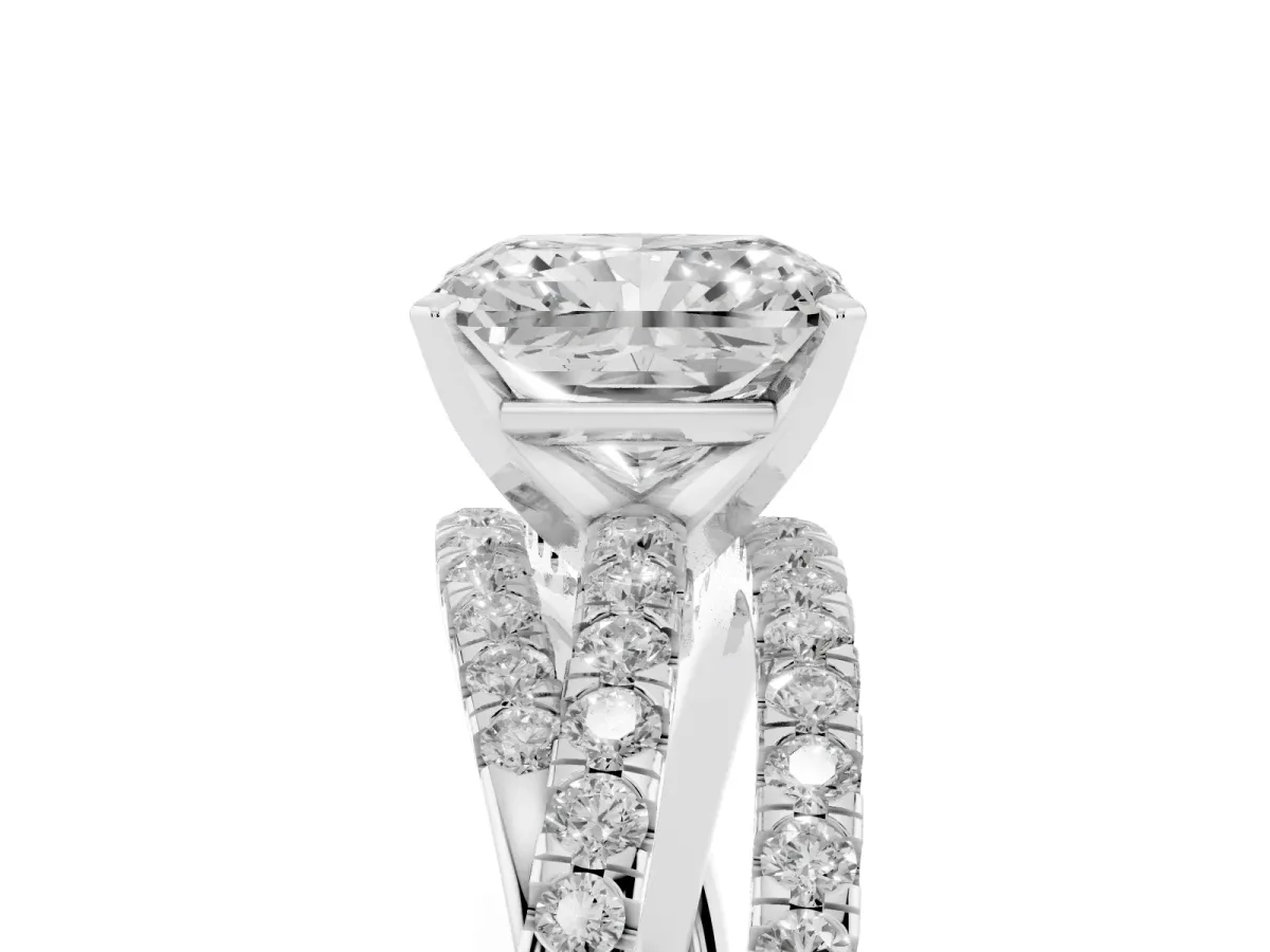 Radiant Cut Solitaire Twist Band with Pavé Setting and Four-Prong Setting Silver