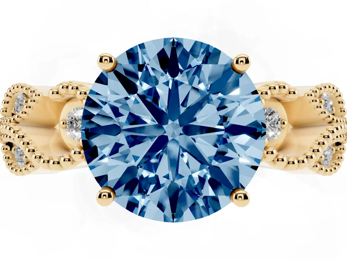 Fancy Blue Round Cut Solitaire Milgrain Leaf Band with Prong Setting Yellow gold