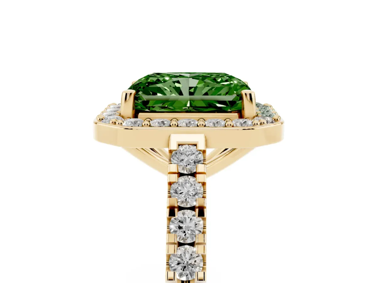 Fancy Green Radiant Cut Diamond Halo Ring with Round Pavé Split Shank and Prong Setting Yellow gold