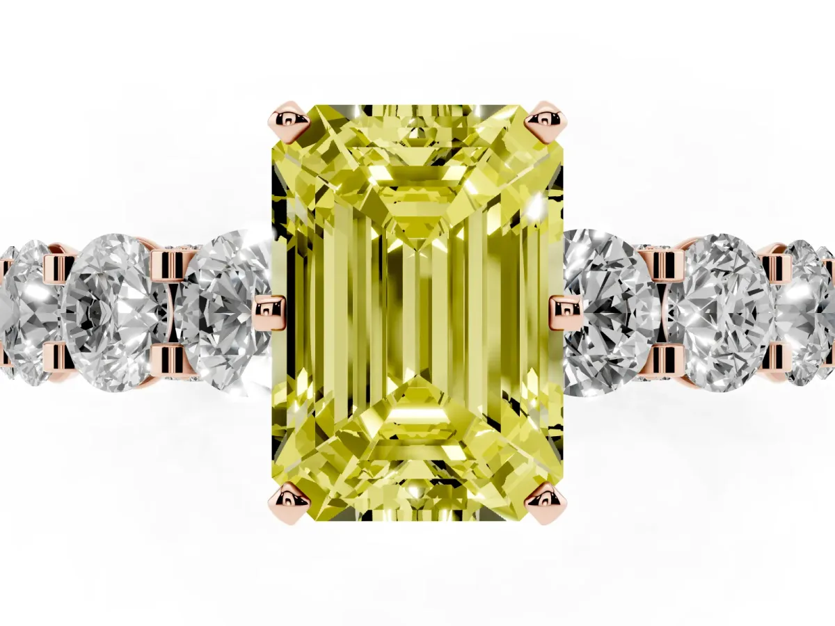 Fancy Yellow Emerald Cut Diamond Side Stone Engagement Ring with Four-Prong Setting Rose gold