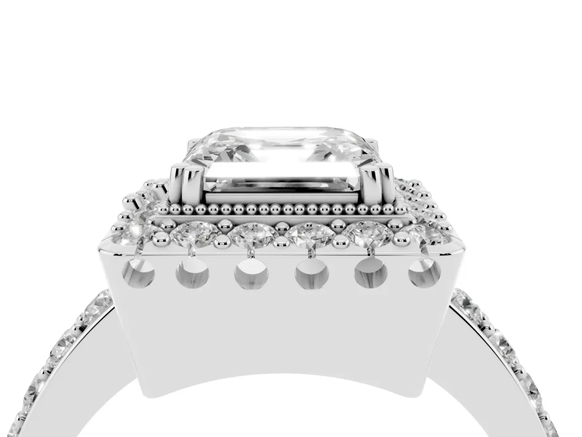 Asscher Cut Diamond Halo Ring with Pavé Band and Prong Setting Silver