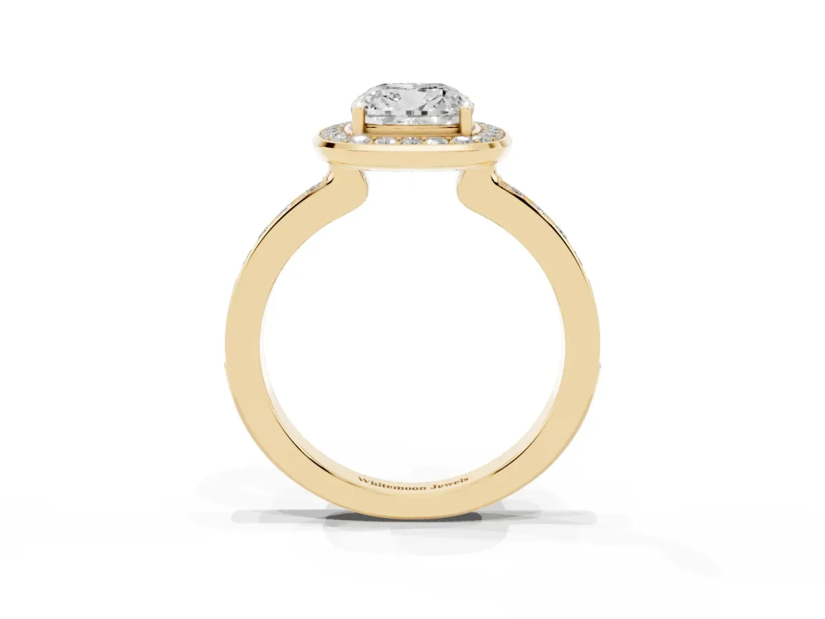 Cushion Cut Diamond Halo Ring with Bezel Frame and Pavé Band Yellow gold