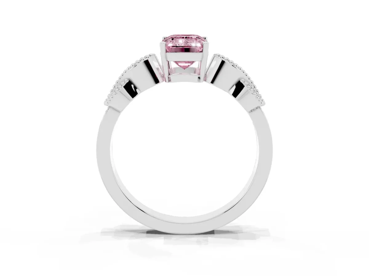 Fancy Pink Emerald Cut Solitaire Milgrain Leaf Band with Prong Setting Silver