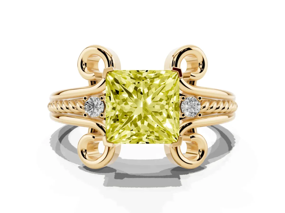 Fancy Yellow Princess Cut Solitaire Twisted Band Scroll Prong Ring Yellow gold