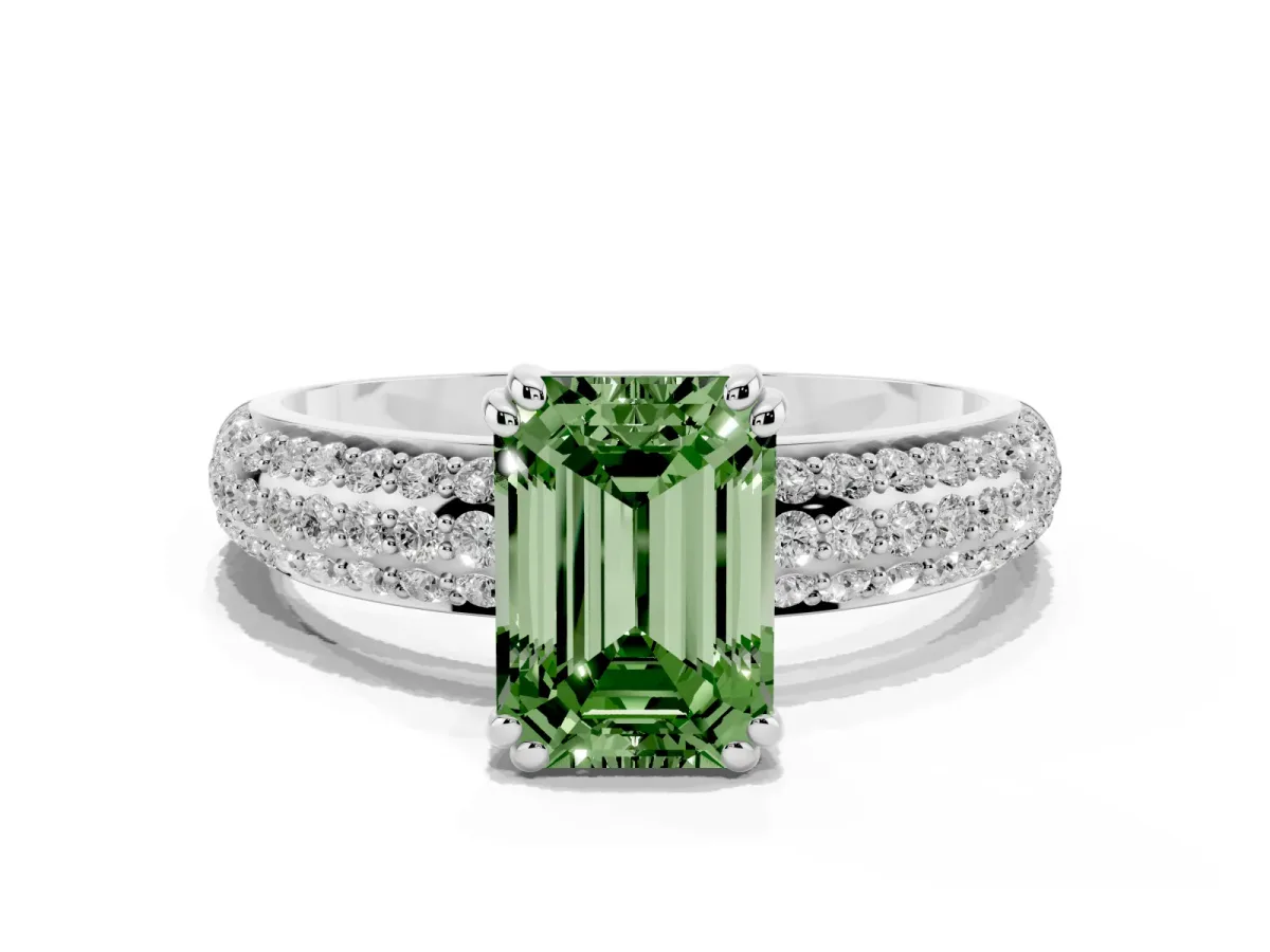 Fancy Green Emerald Cut Diamond Solitaire Ring with Multi-Row Round Pavé Band and Prong Setting Silver