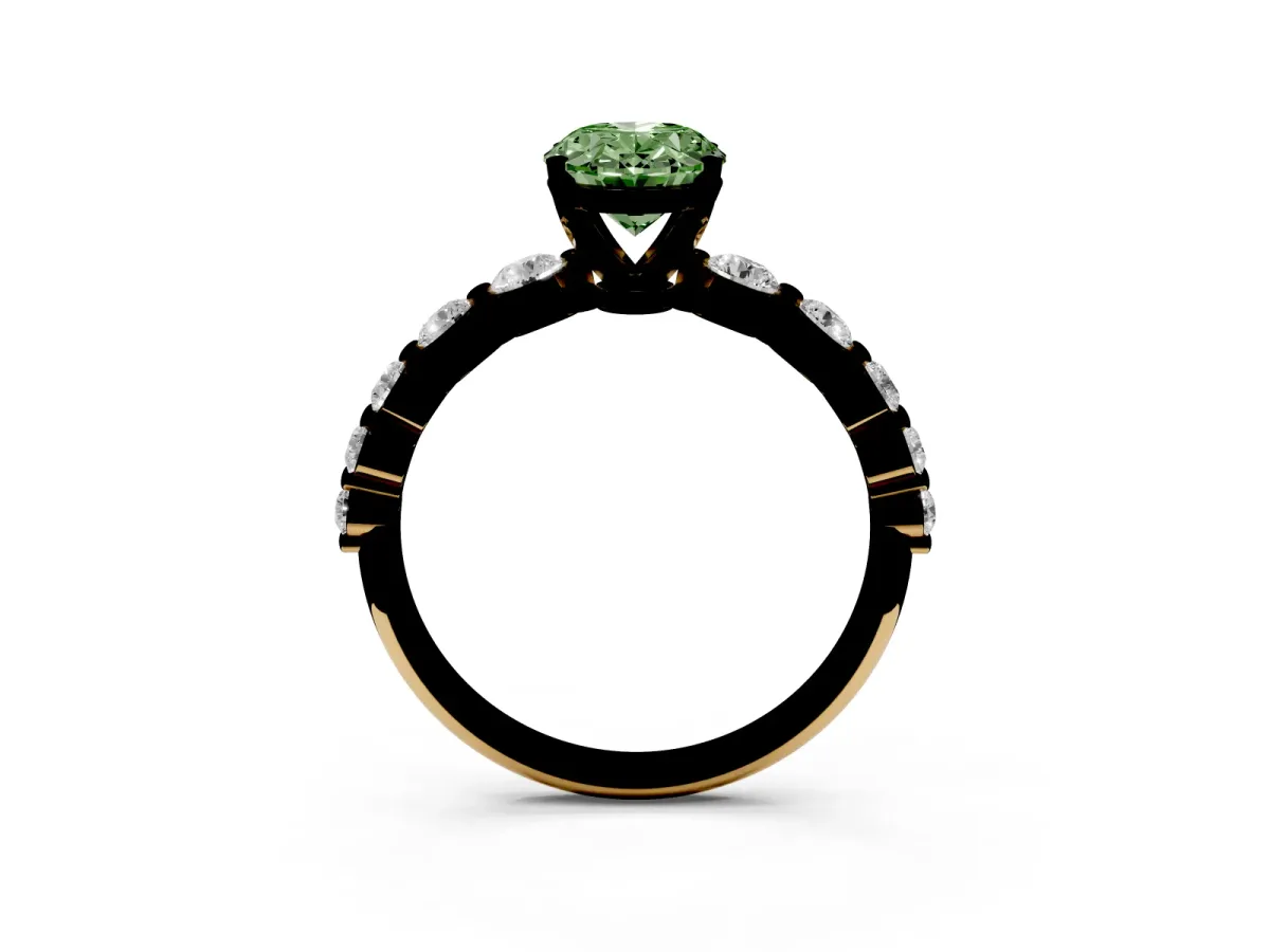 Fancy Green Oval Cut Solitaire Diamond Ring with Pave Band and Four-Prong Setting Yellow gold