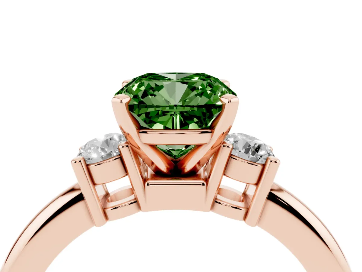 Fancy Green Three-Stone Cushion Cut Cut Diamond Solitaire with Prong Setting and Classic Band Rose gold