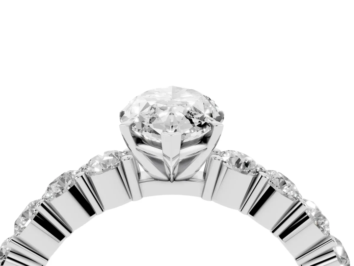 Marquise Cut Diamond Solitaire Ring with Shared Prong Round Side Stones Silver