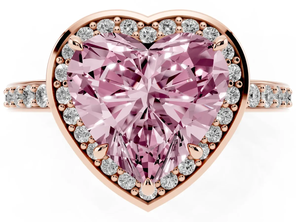 Fancy Pink Heart Cut Halo Pave Band Solitaire Ring with Prong Setting Rose gold