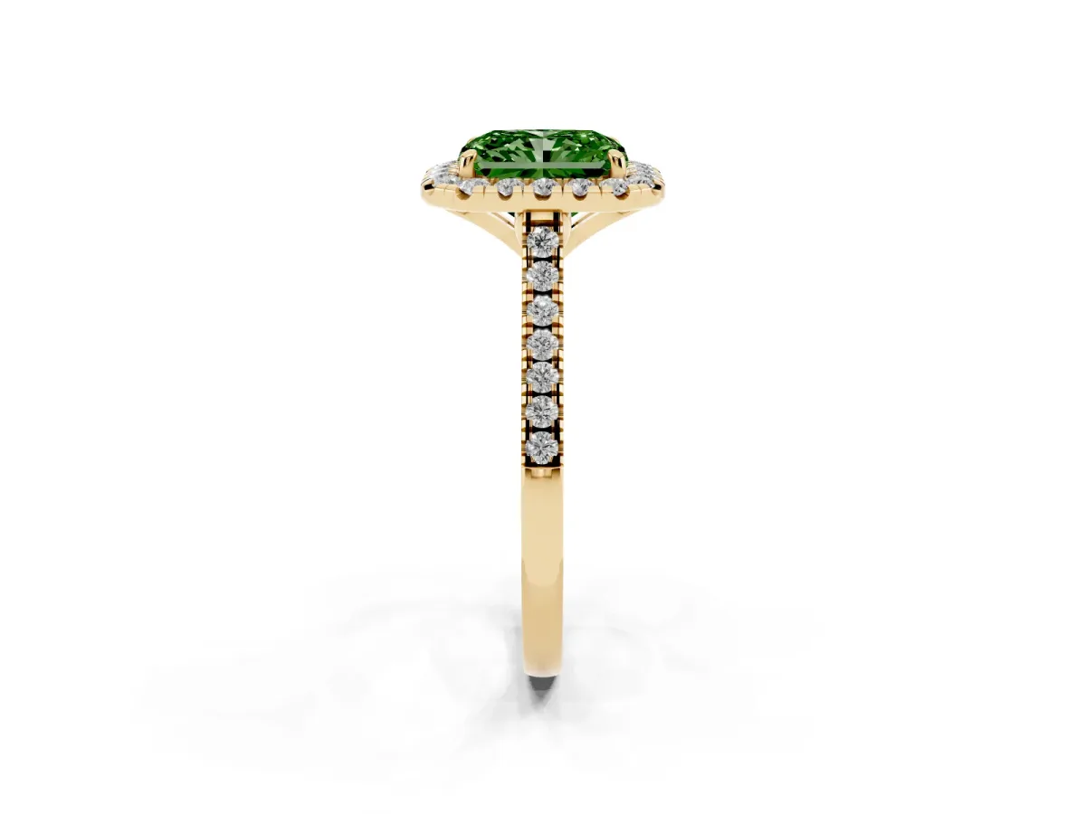 Fancy Green Radiant Cut Diamond Cushion Halo Ring with Pavé Band Yellow gold