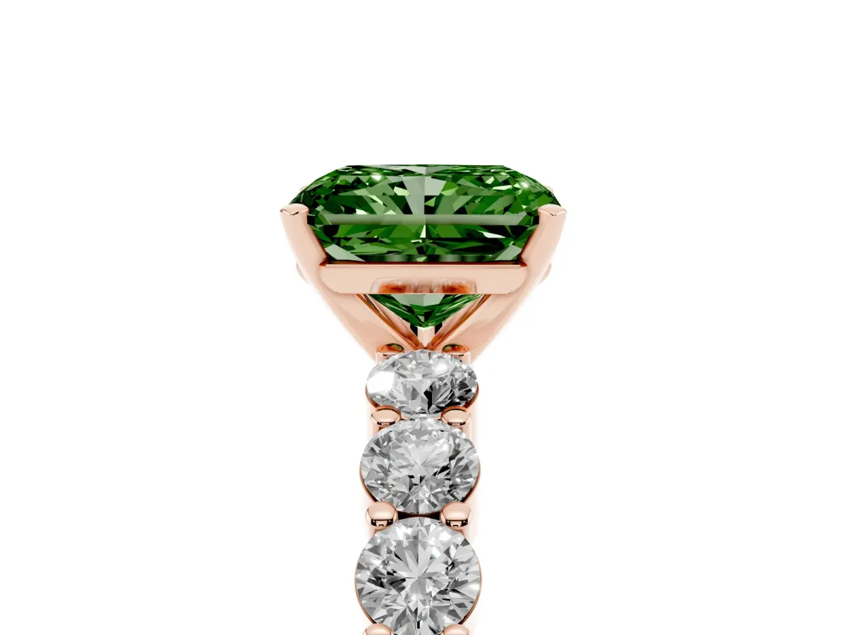 Fancy Green Radiant Cut Diamond Solitaire Ring with Shared Prong Round Side Stones Rose gold