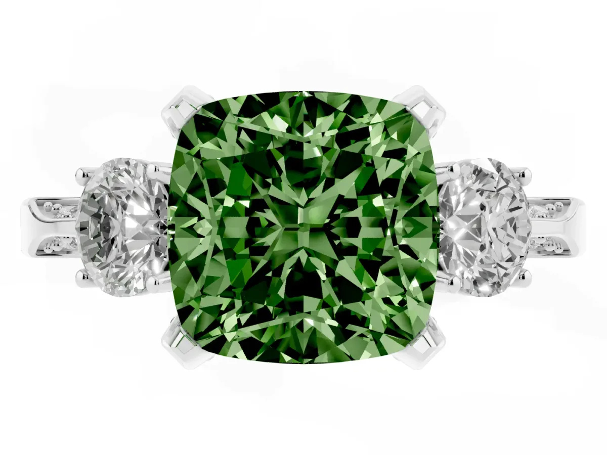 Fancy Green Cushion Cut Brilliant Three-Stone Diamond Ring with Pavé Band and Four-Prong Setting Silver
