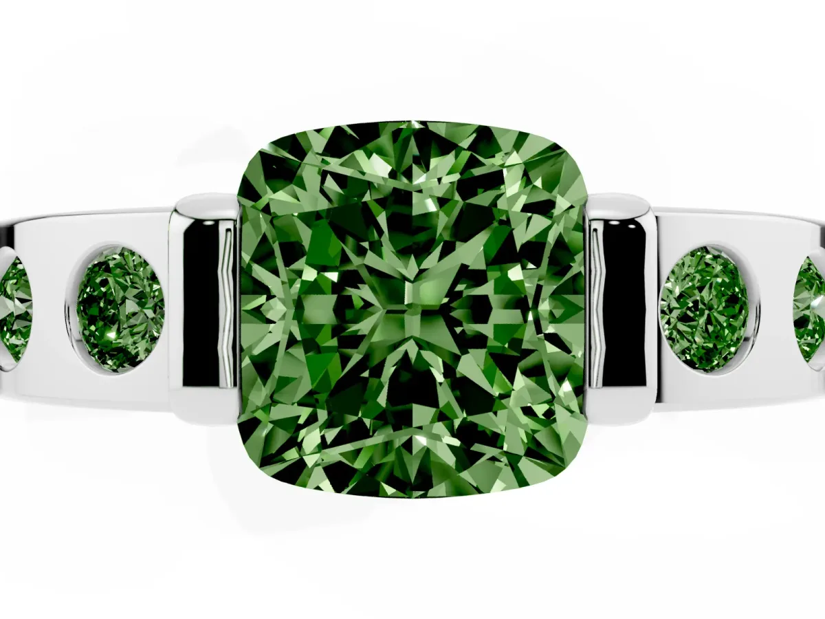 Fancy Green Cushion Cut Brilliant Channel-Set Diamond Ring with Bezel Prong Setting Silver
