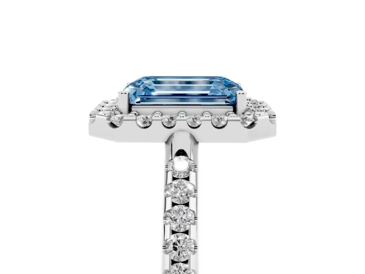 Fancy Blue Emerald Cut Diamond Pavé Halo Ring with Four-Prong Setting White gold