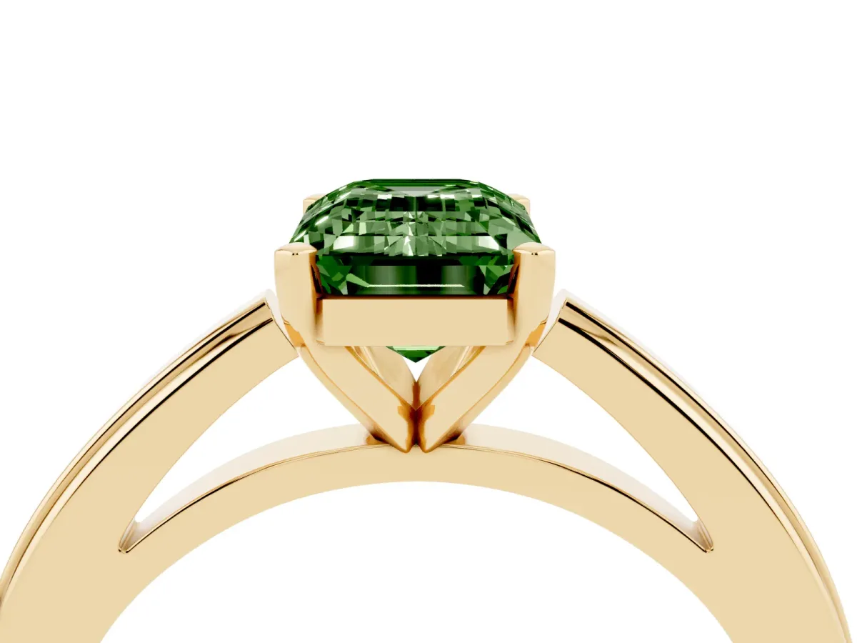 Fancy Green Emerald Cut Solitaire Diamond Ring with Four-Prong Setting and Classic Band Yellow gold