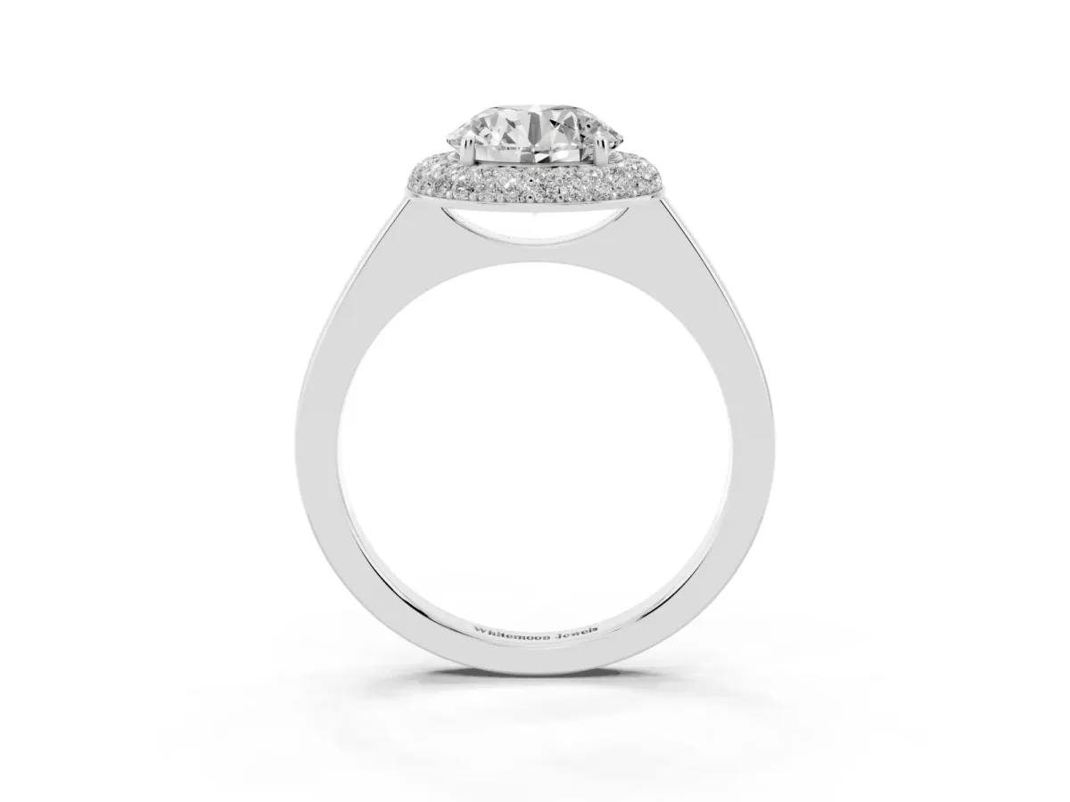 Round Cut Halo Diamond Engagement Ring with Solitaire Band and Four-Prong Setting Platinum