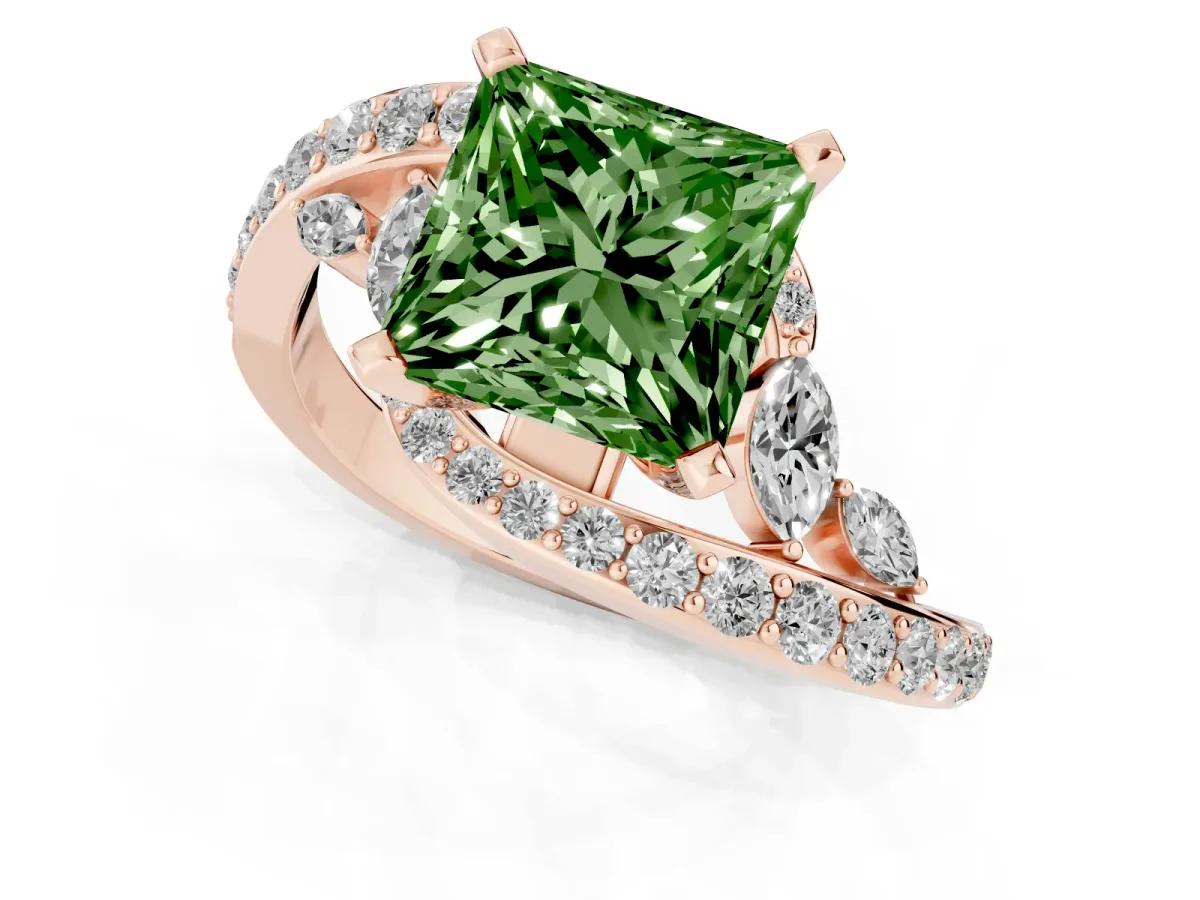 Fancy Green Princess Cut Solitaire with Pavé Twist Band and Four-Prong Setting Rose gold