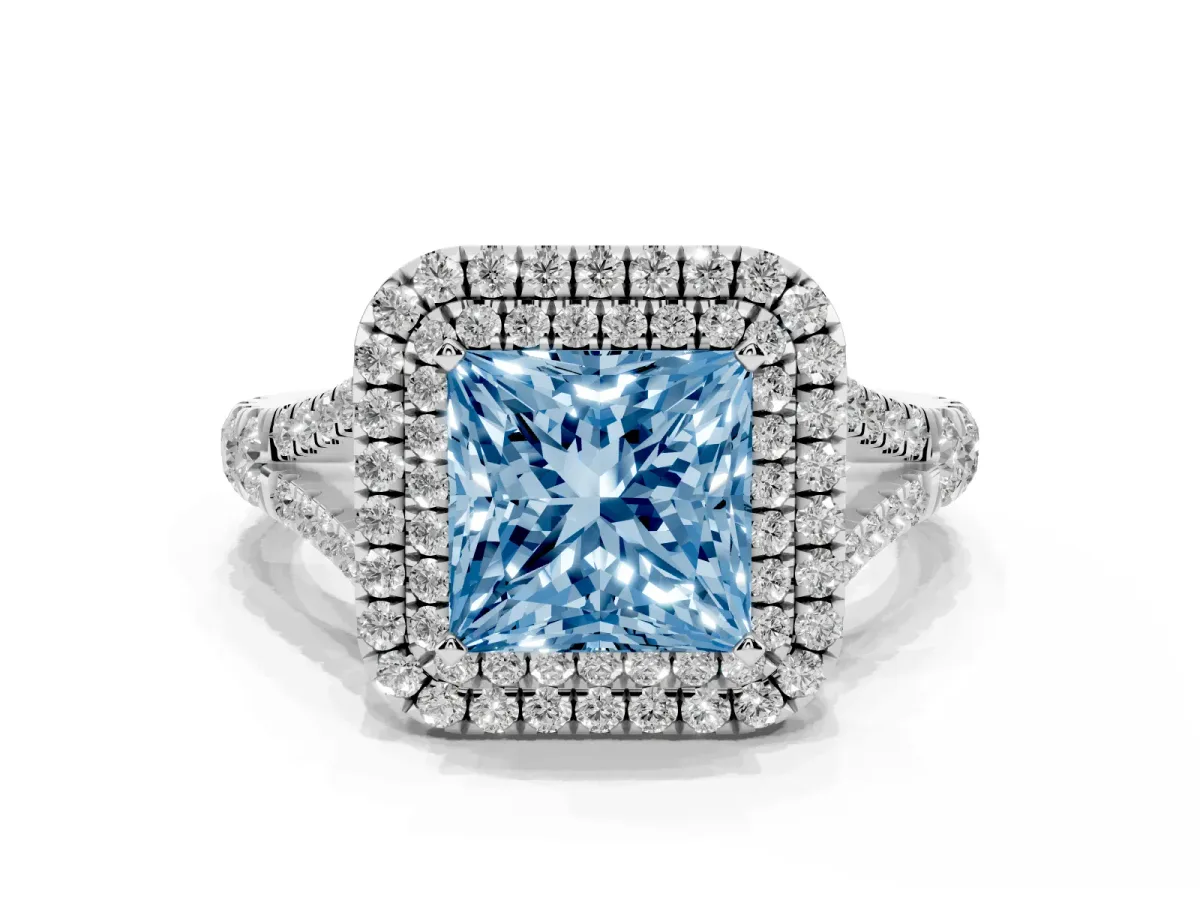 Fancy Blue Princess Cut Diamond Pavé Split Shank Double Halo Engagement Ring Platinum