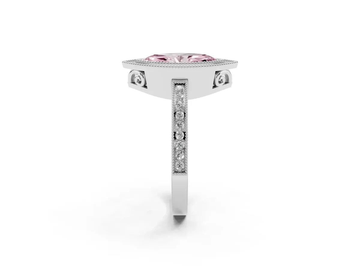 Fancy Pink Marquise Cut Cut Halo Diamond Ring with Pavé Band and Milgrain Prong Setting Silver