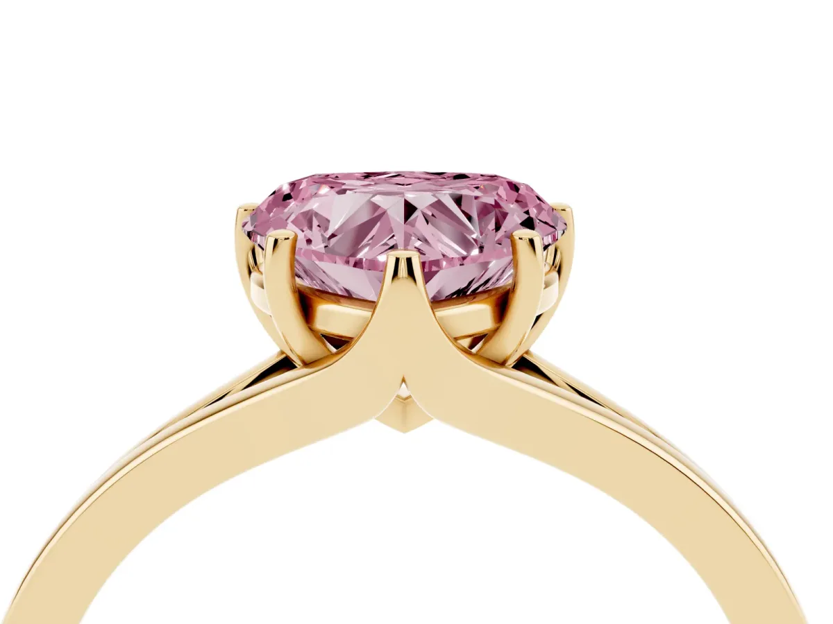 Fancy Pink Heart Cut Solitaire Diamond Ring with Six-Prong Setting and Tapered Band Yellow gold