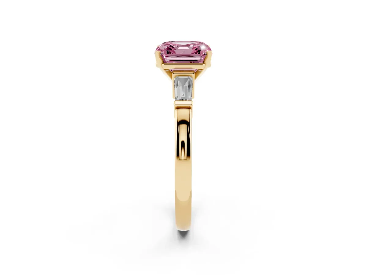 Fancy Pink Asscher Cut Cut Diamond Solitaire Ring with Tapered Baguette Accents and Four-Prong Setting Yellow gold