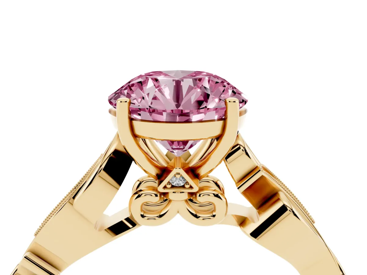 Fancy Pink Round Cut Solitaire Vine Band with Milgrain Prong Setting Yellow gold