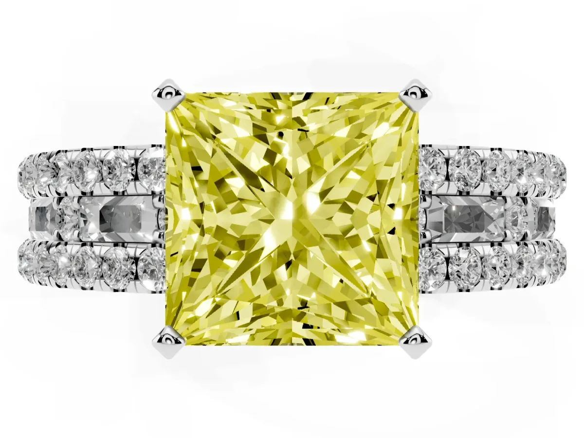 Fancy Yellow Princess Cut Diamond Solitaire Ring with Pavé and Channel Set Band Silver