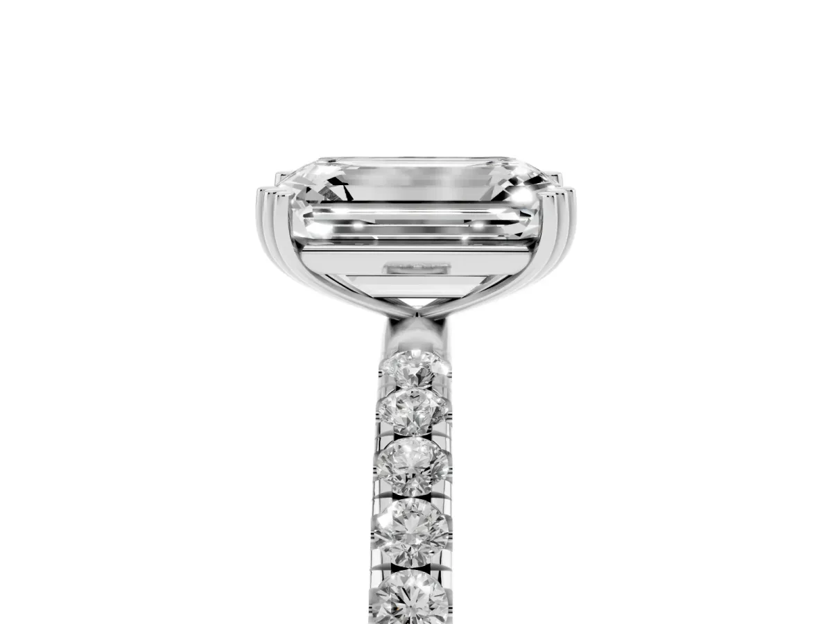 Emerald Cut Brilliant Solitaire with Pavé Band and Claw Prong Setting Silver