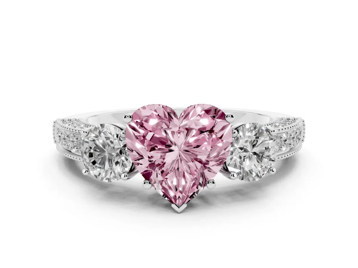 Fancy Pink Heart Cut Three-Stone Diamond Ring with Pavé Band and Four-Prong Setting Silver