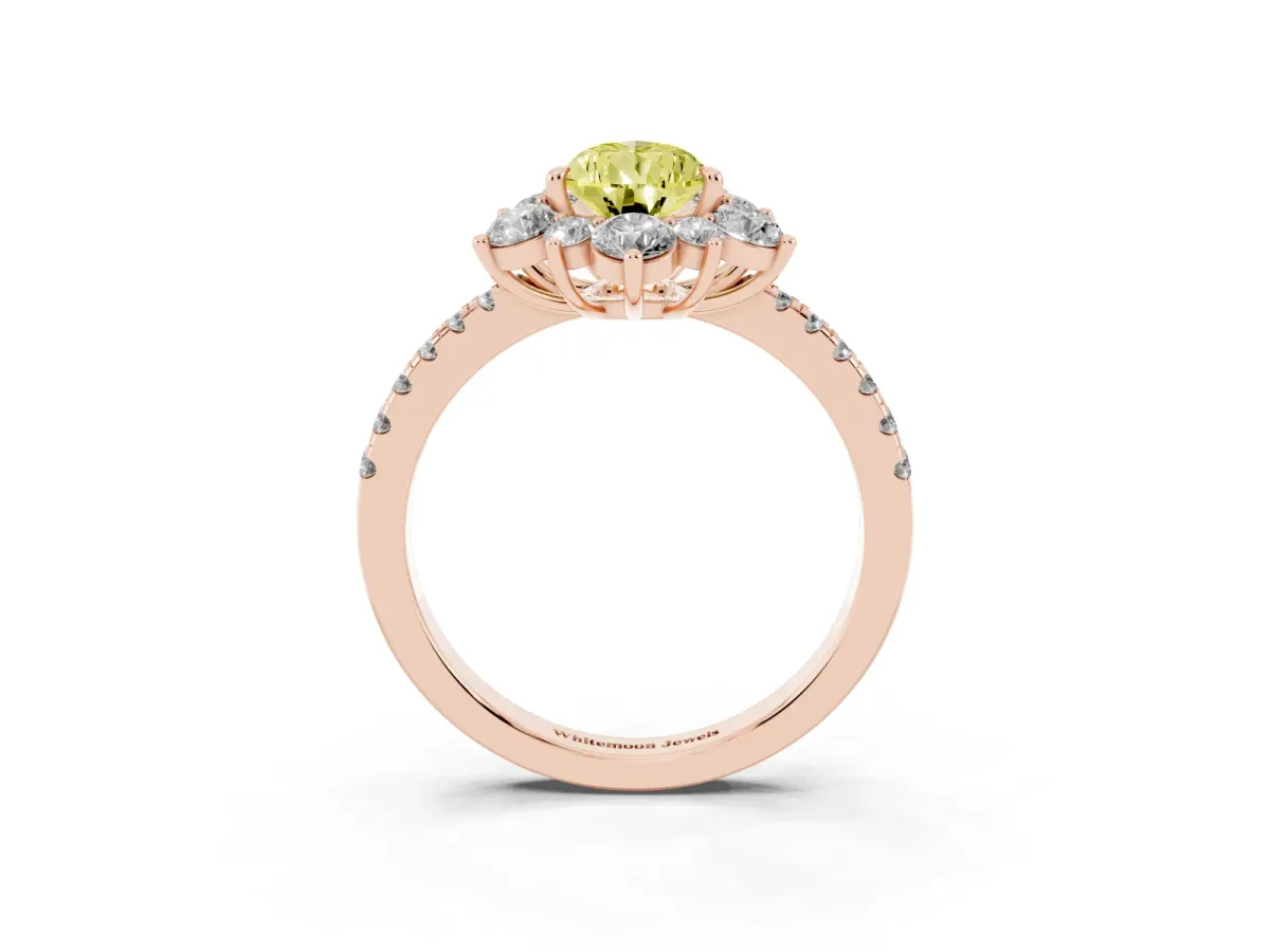 Fancy Yellow Pear Cut Diamond Floral Halo Ring with Round Pavé Band and Prong Setting Rose gold