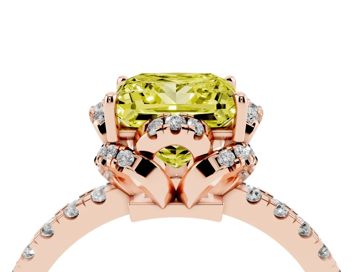 Fancy Yellow Princess Cut Halo Diamond Pave Band Ring with Four-Prong Setting Rose gold