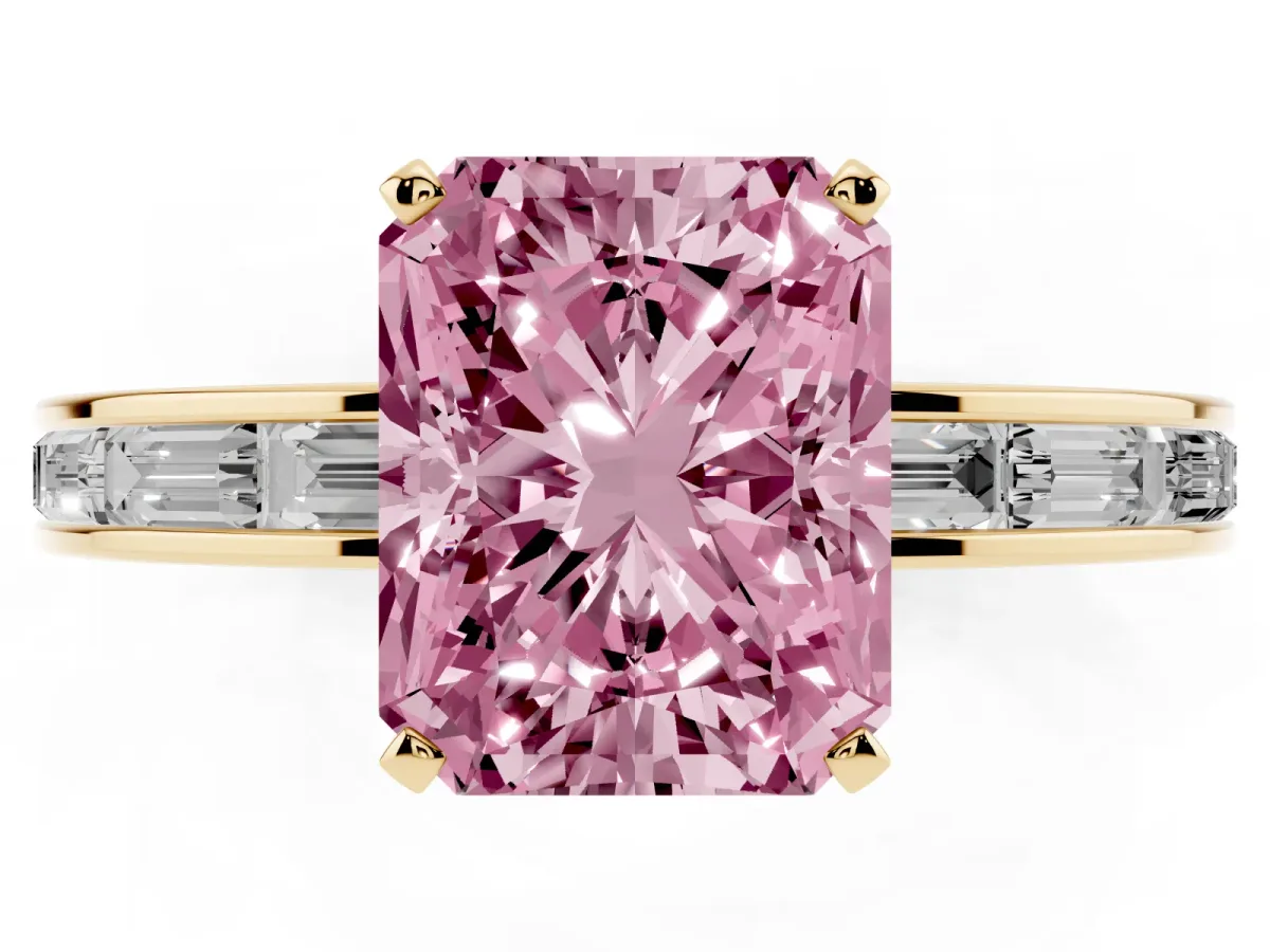 Fancy Pink Radiant Cut Solitaire Diamond Ring with Channel-Set Baguette Band and Four-Prong Setting Yellow gold