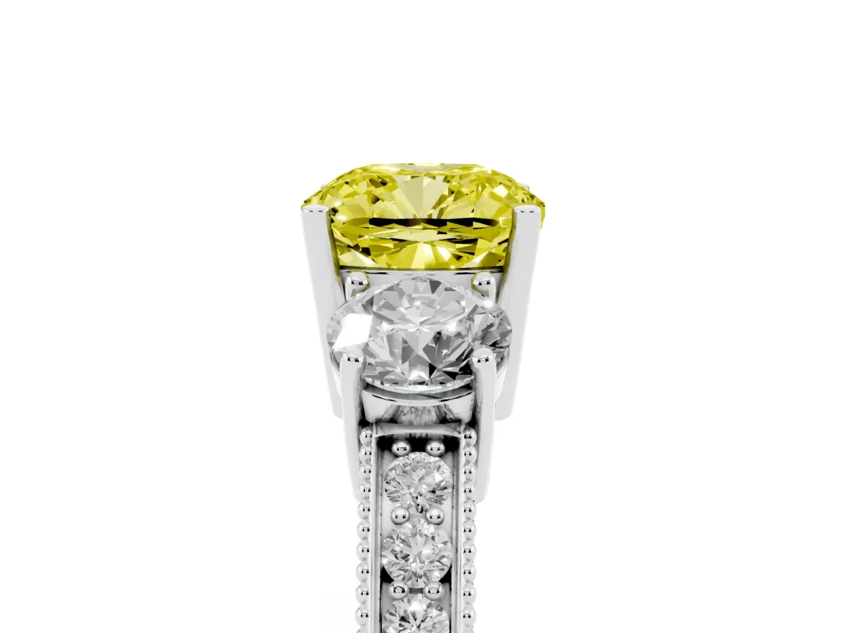 Fancy Yellow Cushion Cut Three-Stone Diamond Ring with Pavé Band and Four-Prong Setting Silver