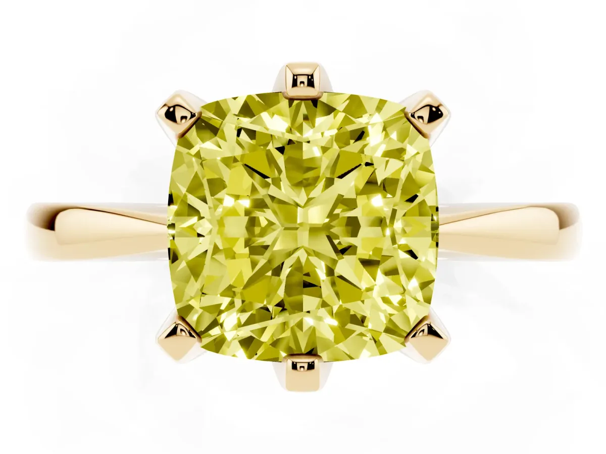 Fancy Yellow Cushion Cut Solitaire Engagement Ring with Six-Prong Setting and Tapered Band Yellow gold