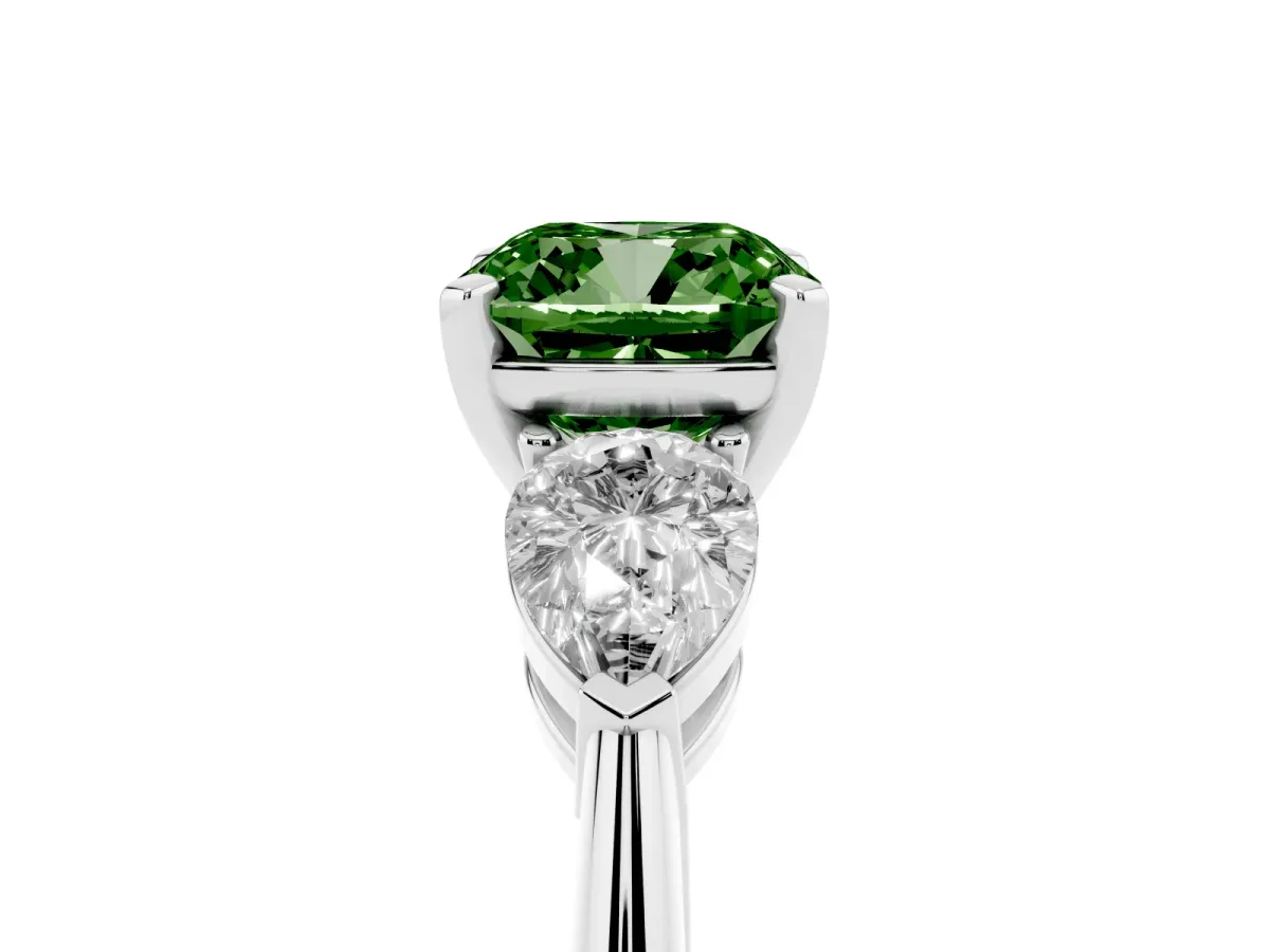 Fancy Green Three-Stone Cushion Cut Diamond Ring with Pear Side Stones and Four-Prong Setting Silver
