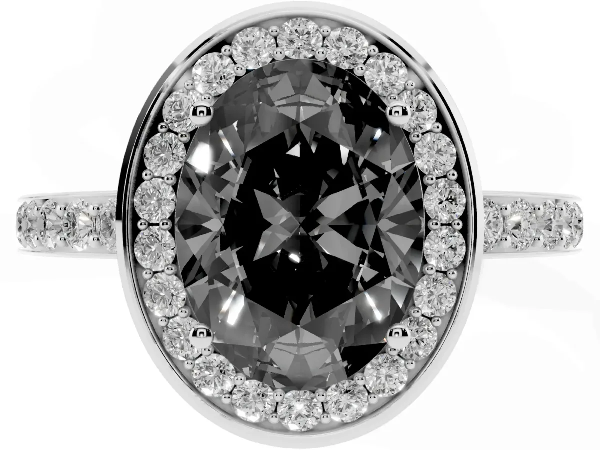 Fancy Black Oval Cut Diamond Halo Ring with Bezel Frame and Pavé Band Silver