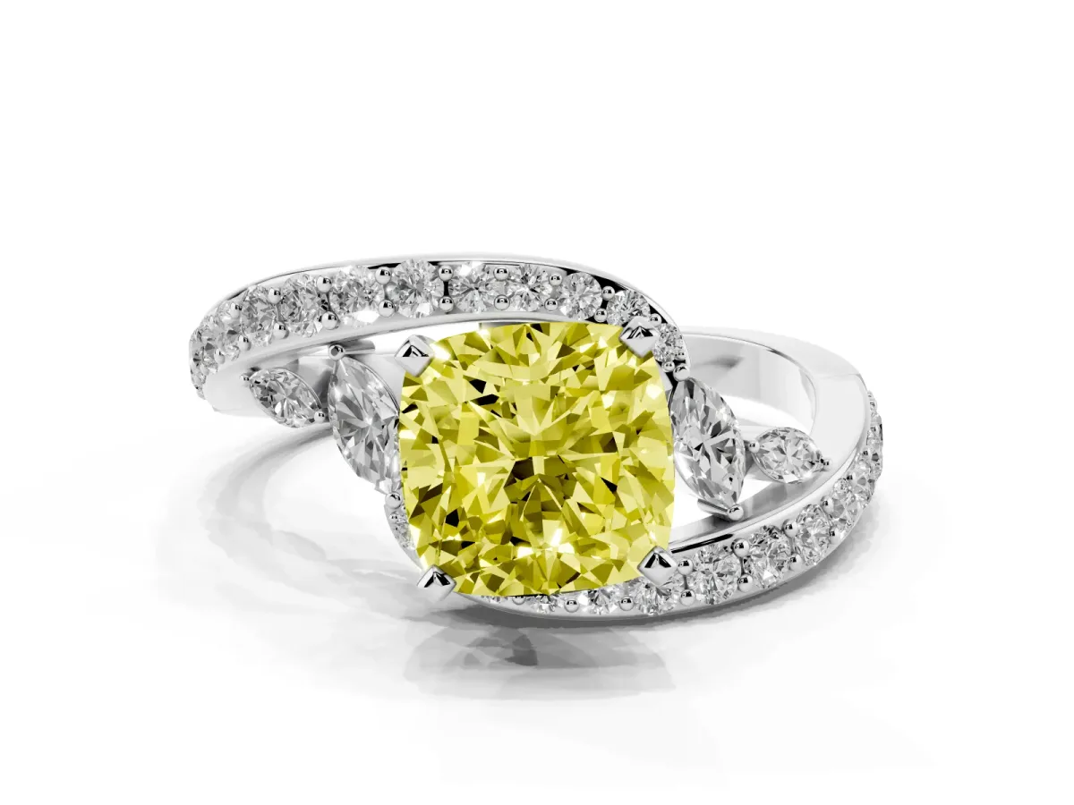 Fancy Yellow Cushion Cut Diamond Solitaire Ring with Filigree Band and Four-Prong Setting Silver