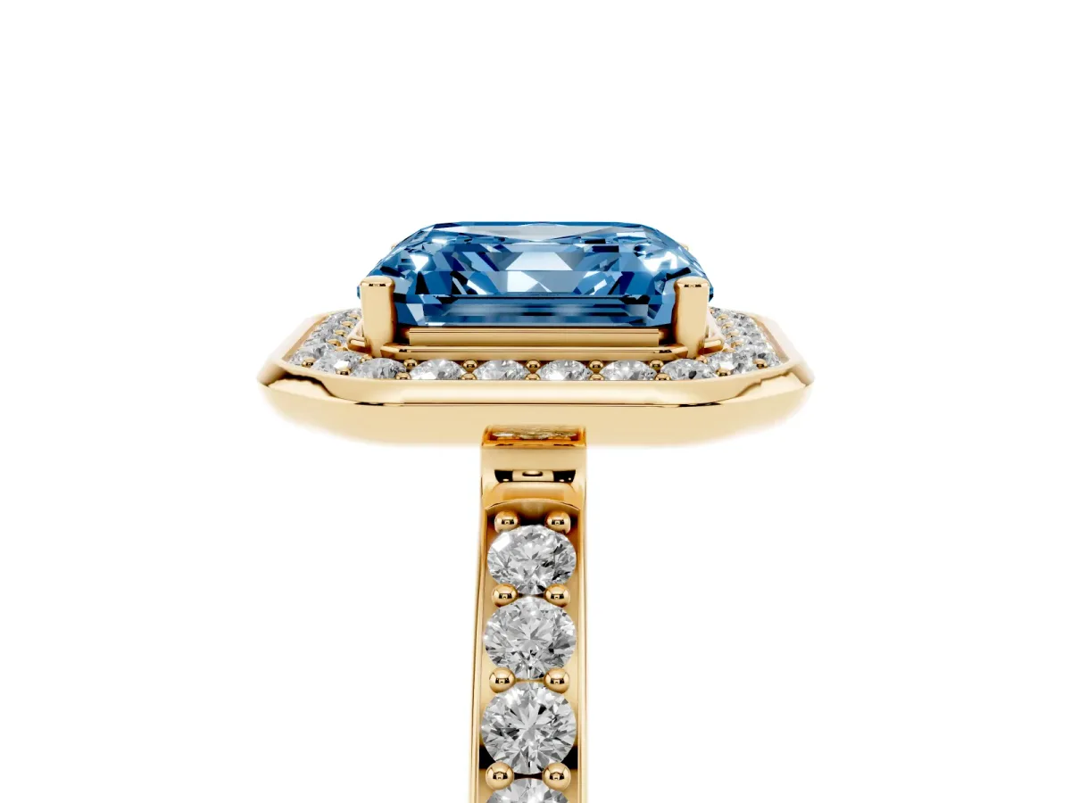 Fancy Blue Asscher Cut Diamond Halo Ring with Bezel Frame and Pavé Band Yellow gold
